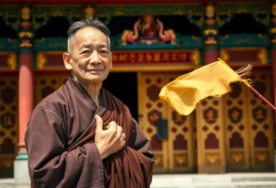 Älterer tibetischer Mönch in Lhasa vor Tempel mit Gebetskette in Meditation