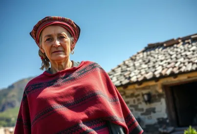 Ältere Frau in traditioneller Andentracht vor Lehmhaus in Berglandschaft