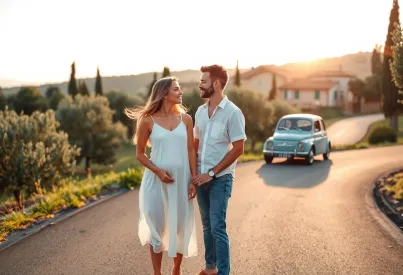 Junges Paar in der Toskana: Ein Moment der Ruhe auf der Landstraße mit Fiat 500 im Hintergrund