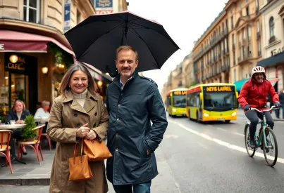 Paar auf belebter Pariser Straße bei wechselhaftem Wetter mit Café im Hintergrund