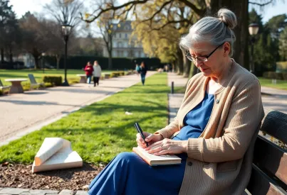 Ältere Dame beim Lesen und Notieren im Botanischen Garten München