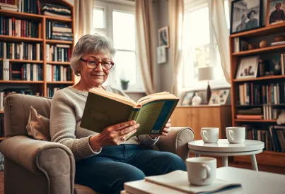 Ältere Frau liest konzentriert in gemütlichem Wohnzimmer mit Büchern und Familienfotos.
