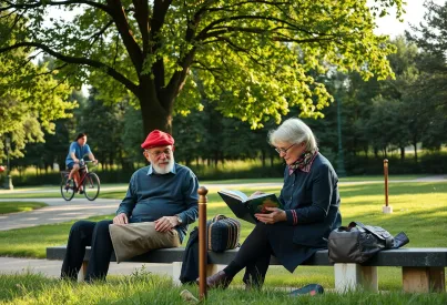 Gruppe älterer Menschen diskutiert und erinnert sich im Berliner Stadtpark