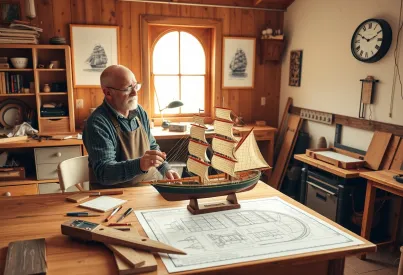 Modellschiffbau eines älteren Herrn in seiner Werkstatt: Einblick in konzentriertes Handwerk und historische Inspirationen