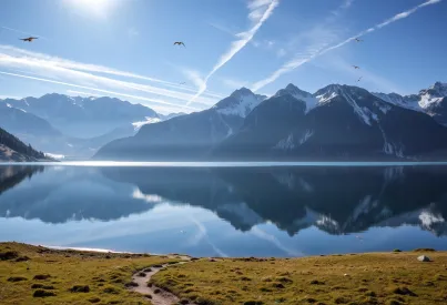 Morgenstimmung in den österreichischen Alpen: Stiller Bergsee und schneebedeckte Gipfel