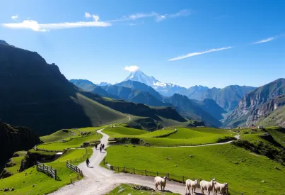Landschaft der peruanischen Anden: Terrassenfelder, Alpakas und der Huascarán-Gipfel