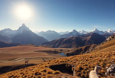 Landschaftsbeschreibung der Anden mit Berggipfeln, Hochebene und Alpacas
