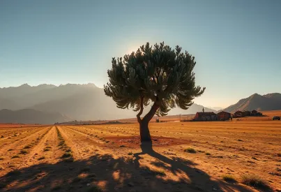 Landschaft des Atlasgebirges bei Sonnenuntergang: Olivenbaum, Berberdorf und klare Himmelsszenerie