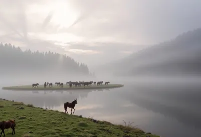 Morgenstimmung in den rumänischen Karpaten: Natur und Wildpferde am Bergsee
