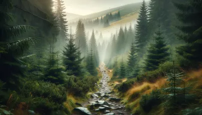 Wanderpfad durch die Fichtenwälder der Ostkarpaten in Rumänien: Naturbeobachtungen im Herbst.