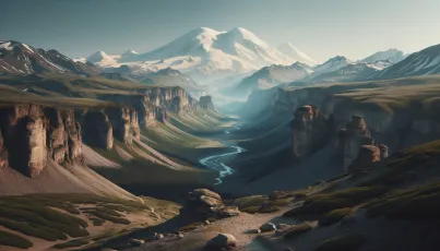 Gebirgslandschaft mit Elbrus und Wanderroute: Eine Analyse der natürlichen Formationen und Vegetation