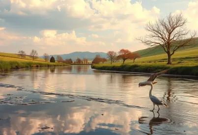 Landschaft mit Fluss, Wiese und Graureiher im Abendlicht