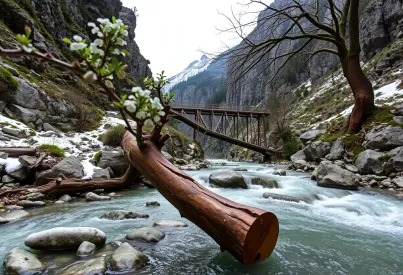 Fluss in alpiner Schlucht mit Hängebrücke und unberührter Natur