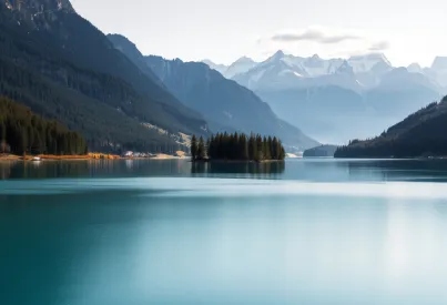 Ruhiger Stausee in den Alpen mit Wald und Bergpanorama