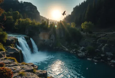 Wasserfall und Regenbogen: Naturschauspiel in bergiger Waldlandschaft