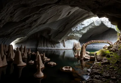 Grotte der Blautopfhöhle: Kalksteinwände, Tropfsteine und natürliche Felsbrücke in Deutschland