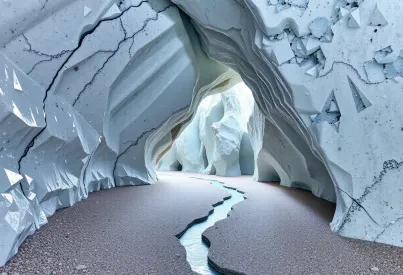 Beschreibung einer Kristallhöhle mit facettenreichen Strukturen und Wasserlauf
