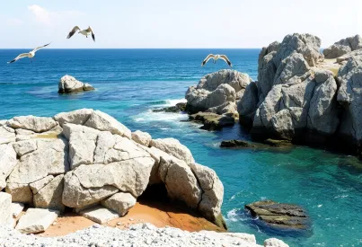 Felsige Küstenlandschaft mit Granitfelsen, Tümpeln und Ozeanhorizont