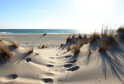 Ruhiger Strandabschnitt an der Nordseeküste mit Dünen und Meereshorizont