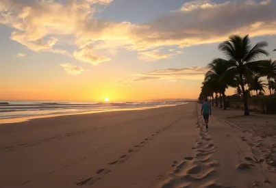 Abendstimmung am Strand mit Palmen und Möwen im sanften Licht der untergehenden Sonne