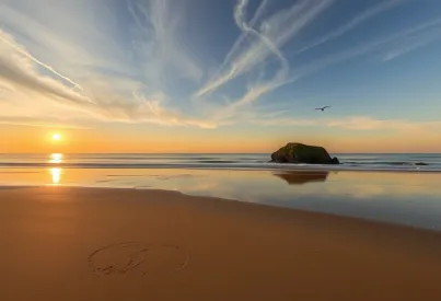 Abendstimmung am Strand von Cornwall: Sonnenuntergang, Möwen und ruhige See