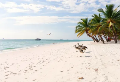 Tropischer Strand mit weißem Sand, Palmen und ruhigem türkisfarbenem Ozean unter Nachmittagssonne