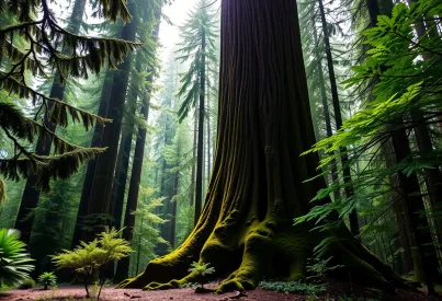Jahrhundertealter Douglasienbaum im Hoh Rain Forest: Einblick in eine neblige Waldszenerie in Washington