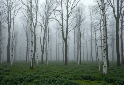 Nebliger Wald mit Birken und Kiefern in ruhiger Szenerie
