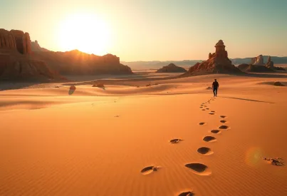 Wüstenlandschaft mit Felsformationen und Sonnenuntergang im goldenen Licht
