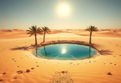 Oase in der Sahara: Eine natürliche Wasserquelle umgeben von Palmen und Wüstenblumen