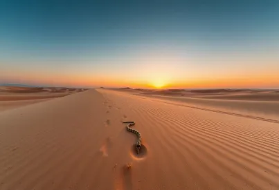 Wüstenlandschaft bei Sonnenuntergang mit Sandviper und Fennek-Spuren