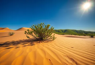 Landschaftsbeschreibung: Sanddünen, Vegetation und Berge in der Wüste