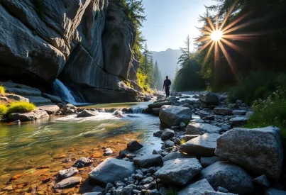Gebirgsbach in den Schweizer Alpen: Eine Szenerie aus moosbewachsenen Felswänden, sanften Kaskaden und alpiner Flora