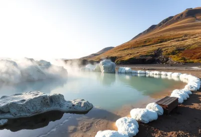 Heißwasserquelle in Island: Geologische und geothermische Merkmale einer dampfenden Quelle im Kontrast zur Umgebung
