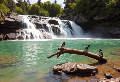 Mehrstufiger Wasserfall in natürlicher Waldlandschaft mit Vögeln und Sonnennebel.