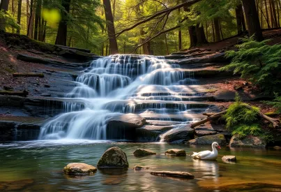 Wasserfall in bewaldeter Umgebung mit Moos und Farnen sowie einem klaren Pool