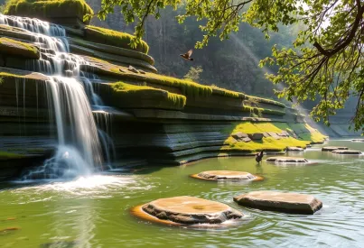Stufenwasserfall mit Moosbedeckten Felsen und Wasserbecken in Waldlandschaft