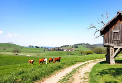 Landschaft mit Hügeln, Wiesen, Kühen und Dorf im Hintergrund