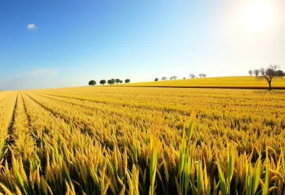 Sommerliche Landschaft mit Heufeld und alten Eichen im Abendlicht