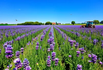 Lavendelfeld mit symmetrischen Reihen, Bienen und Traktor vor Dorfkulisse bei klarem Himmel