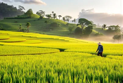 Morgenstimmung über den Reisfeldern Balis: Einblicke in die landwirtschaftliche Harmonie und natürliche Geräuschkulisse