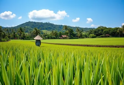 Reisfeld in Ubud, Bali: Sattgrüne Pflanzen, bewaldete Hügel und Bauer bei der Arbeit