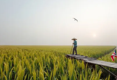 Reisfeld in Vietnam bei Sonnenaufgang: Alltagsszene mit Wasserbüffel und Bauer im Morgennebel