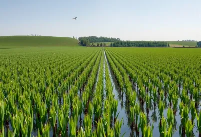 Reisfeldlandschaft mit Landwirt, Wasservögeln und sanften Hügeln im Hintergrund