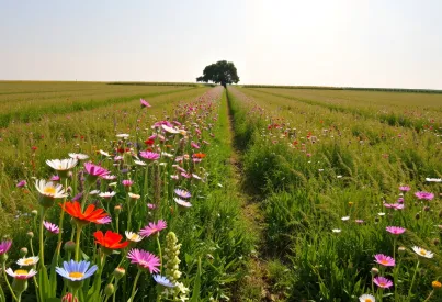 Wildblumenwiese mit Pfad und Baum unter klarem Himmel