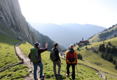 Wanderer auf Gebirgspfad in den Dolomiten mit Blick auf Bergdorf und Nachmittagssonne