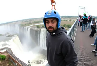 Bungee-Jumping an der Victoria Falls Bridge in Simbabwe: Ein Mann bereit zum Sprung vor den Wasserfällen