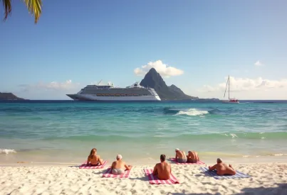 Kreuzfahrtschiff vor Anker bei St. Lucia: Touristen genießen Strand und Aussicht auf die Pitons
