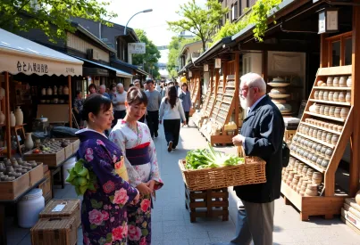 Marktplatzszene in Kyoto: Traditionelle Kleidung, handgefertigte Waren und lebhaftes Treiben