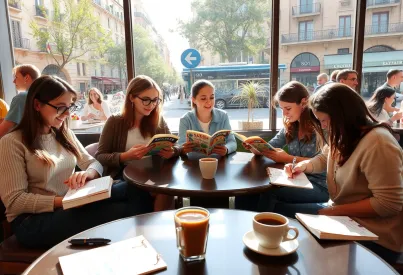 Spanisch lernen im Café: Junge Erwachsene in Barcelona beim Sprachstudium